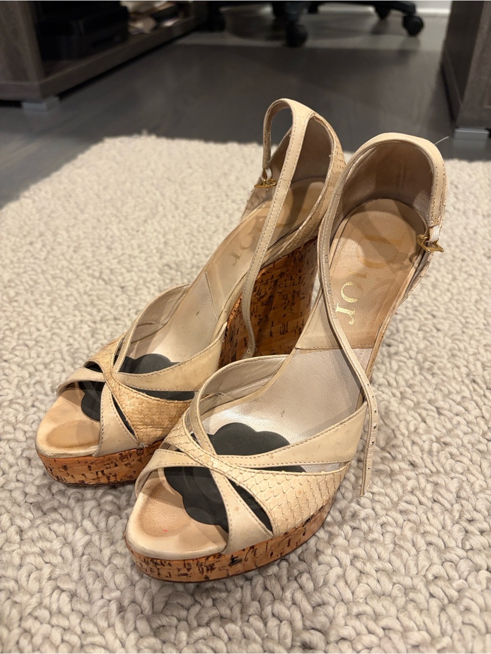 Dior Beige Cork Platform Slingback Heels - Women's